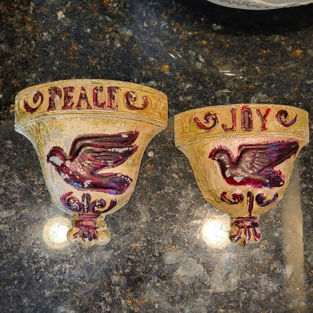 Pair of Royal Creations Wall Cups Peace & Joy Decorated Wall Holders 1976